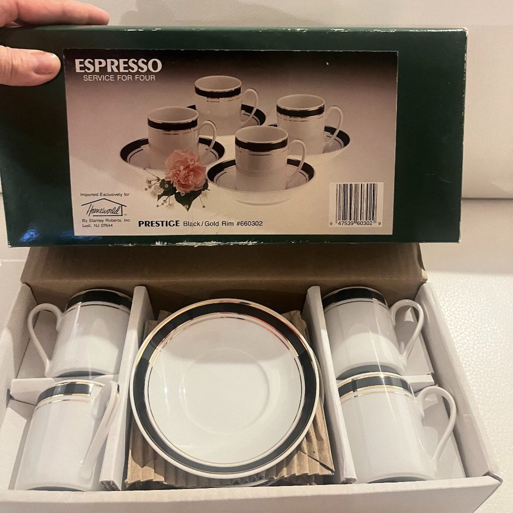 Espresso Service For Four Prestige Black / Gold Rim Homeworld cup saucers